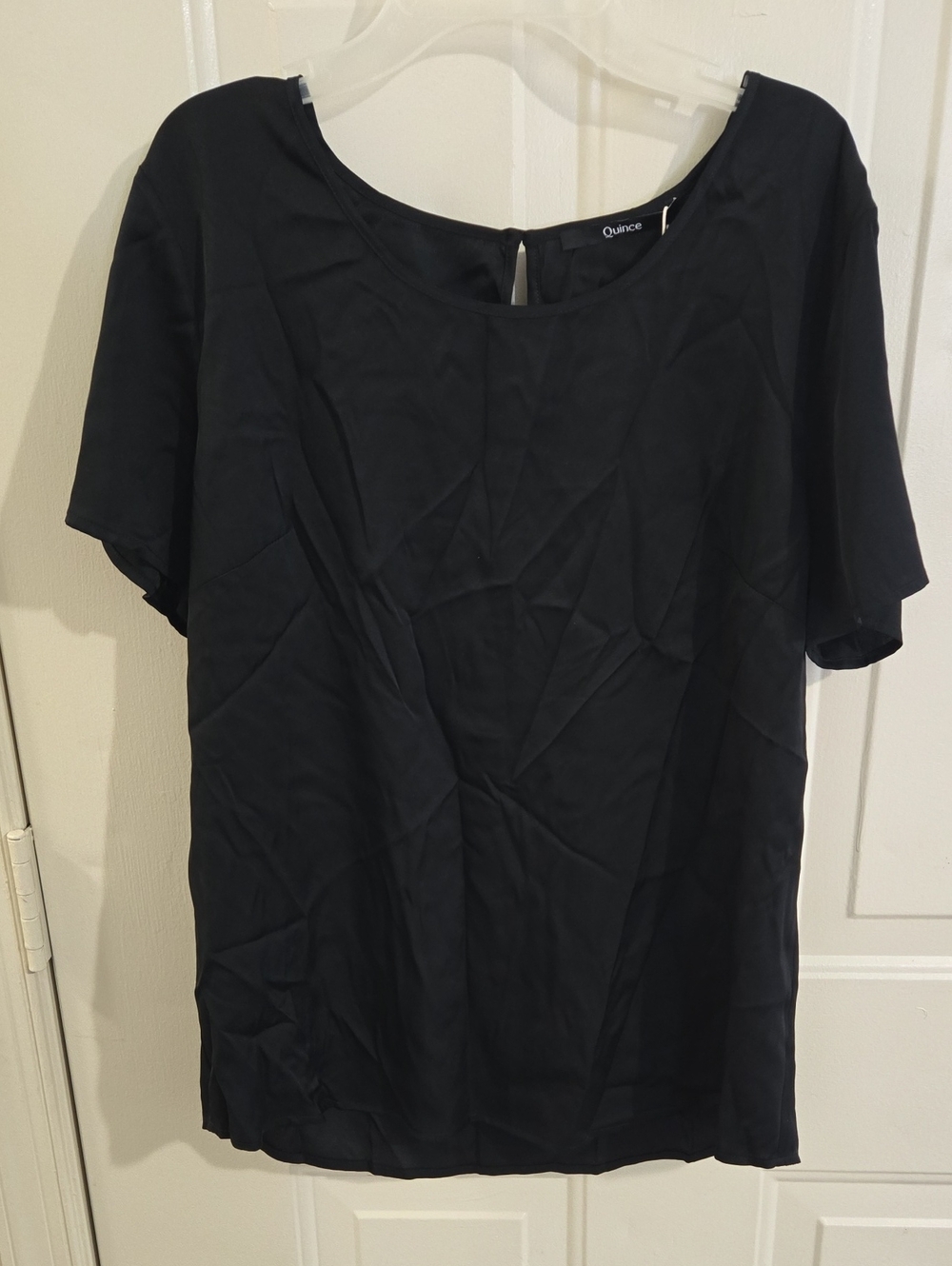 NWT Quince Silk Blouse Black Short Sleeve Scoop Neck Minimalist Office Neutral L